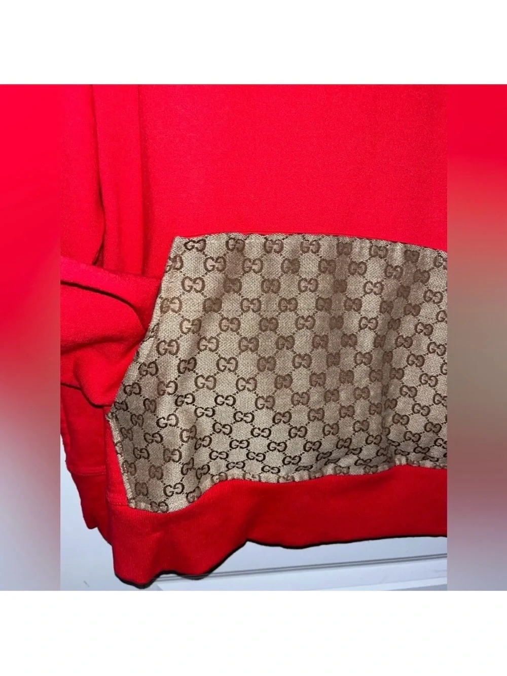 CUSTOM MADE Red Champion Hoodie Sweatshirt With GUCCI FABRIC Front Pocket Large